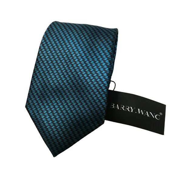 Barry Wang Mens Luxury Tie 100% Silk Handtailored Blue & Black Houndstooth - Picture 1 of 7